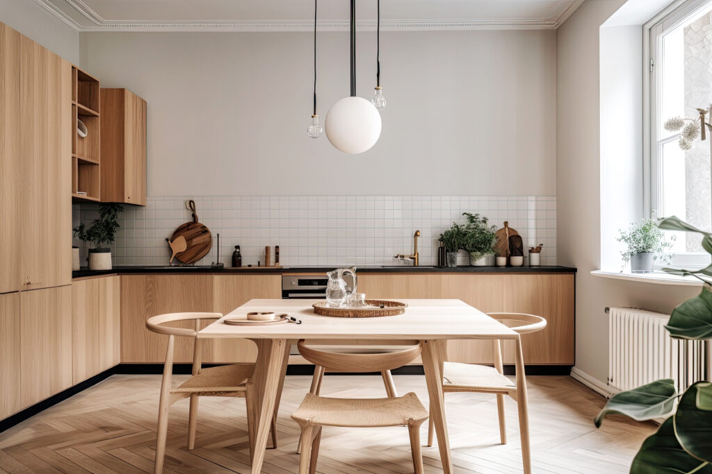 Scandinavian kitchen with wooden and white details. Minimalist interior design. Generative AI illustration